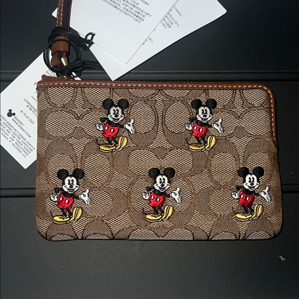 New Coach Disney X Coach Corner Zip Wristlet In Signature Print Mickey Mouse